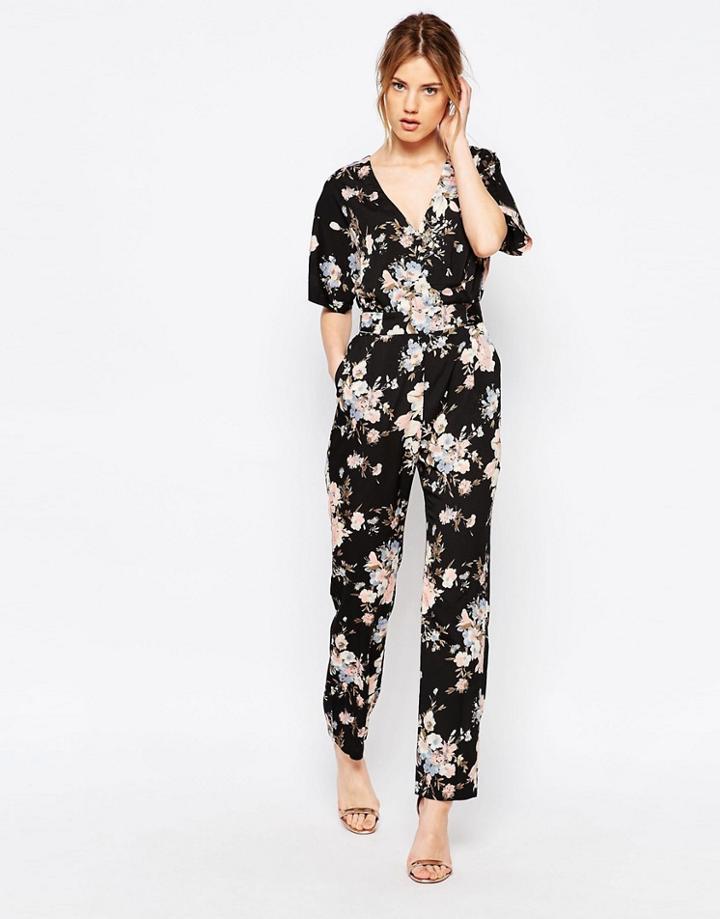 Uttam Boutique Kyoto Floral Print Wrap Front Jumpsuit - Black