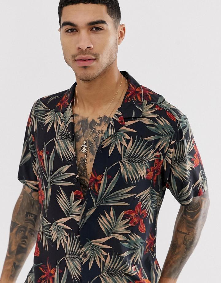 Asos Design Relaxed Hawaiian Floral Shirt In Black - Black