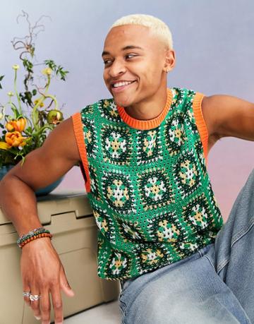 Asos Design Knit Crochet Tank With Patchwork Design-multi