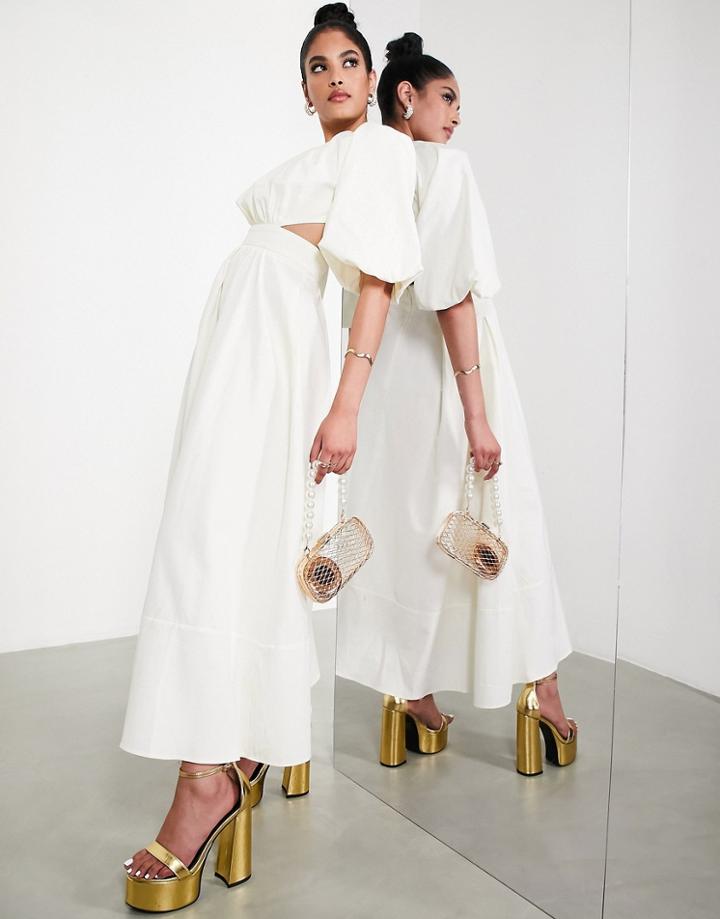 Asos Edition Puff Sleeve Midi Dress With Cut Out Back In Ivory-white