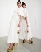 Asos Edition Puff Sleeve Midi Dress With Cut Out Back In Ivory-white