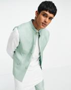 Asos Design Wedding Nehru Slim Vest With Mandarin Collar In Hi-shine Green
