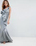 Asos Premium Scuba One Shoulder Ruffle Scuba Fishtail Maxi Dress - Gray