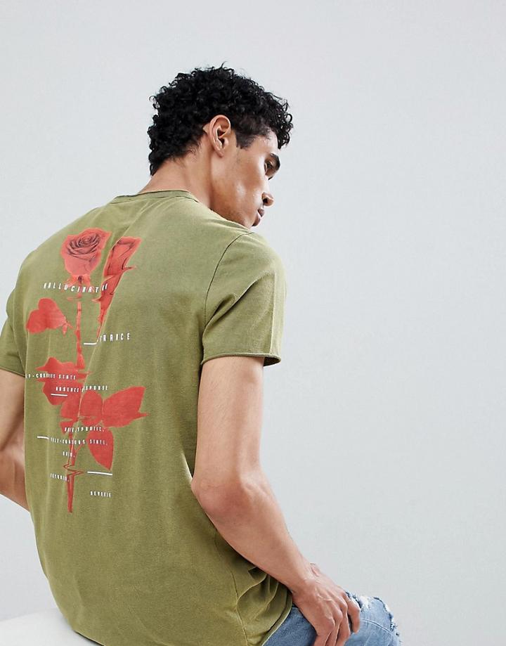 Asos Design Super Longline T-shirt With Rose Back Print And Heavy Wash - Green