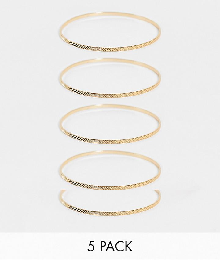 Asos Design 5 Pack Skinny Bangles In Gold Tone