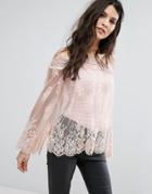 Club L Off Shoulder Bell Sleeve Lace Top With Cami Underlay - Beige