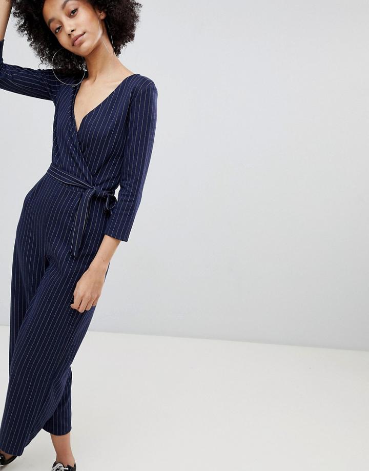 Bershka Tie Waist Wide Leg Jumpsuit - Blue