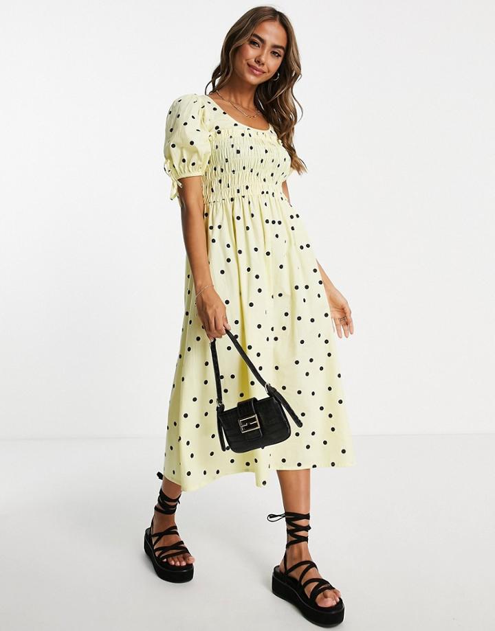 Influence Puff Sleeve Tiered Midi Dress In Yellow Polka Dot