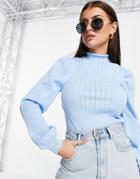 Only Sally Puff Sleeve Light Knit Top In Blue-blues