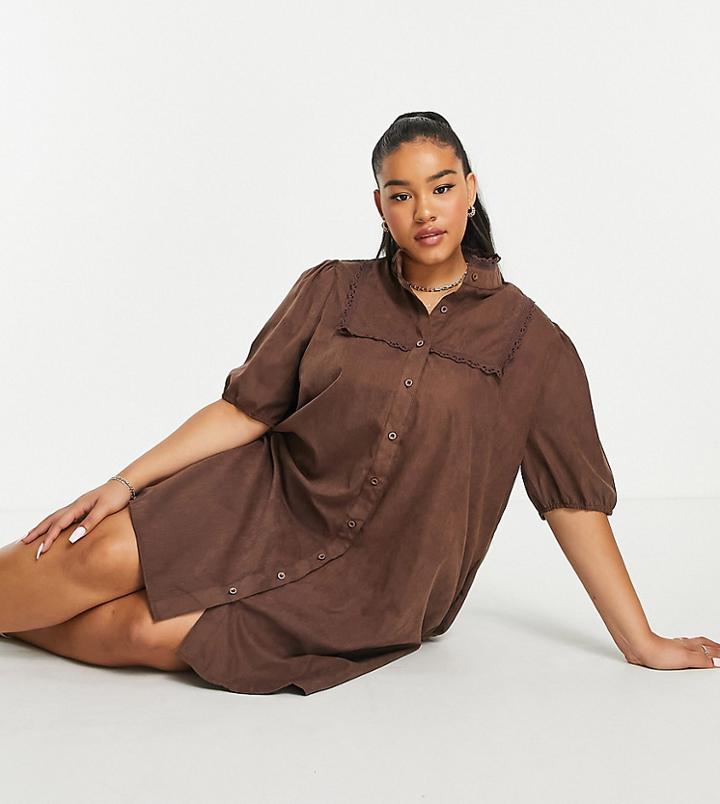 Lola May Plus Puff Sleeve Mini Shirt Dress-brown