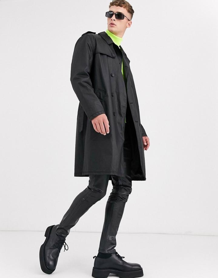 Asos Design Double Breasted Trench Coat In Black Pu