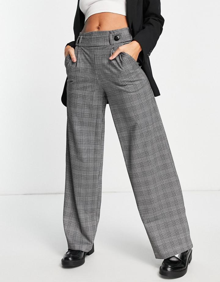Jdy Button Detail Wide Leg Dad Pants In Mono Check-gray