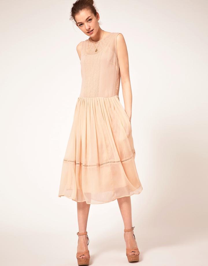 Asos Midi Dress With Lace Panelling - Pink