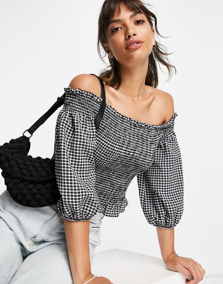 River Island Gingham Shirred Bardot Top In Black