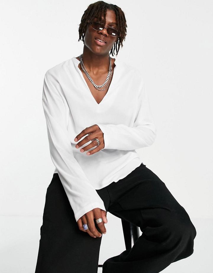 Asos Design Overhead Viscose Shirt With Deep V-neck In White