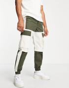 Topman Relaxed Cut And Sew Panelled Cargo Pants In Khaki-green