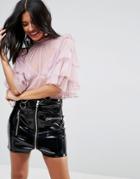 Asos Dobby Mesh Top With Ruffle Sleeves - Pink