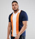 Asos Design Plus Relaxed Polo Shirt With Retro Vertical Panels And Revere Collar - Navy
