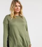 Asos Design Curve Longline Top With Long Sleeve In Textured Jersey In Khaki-green