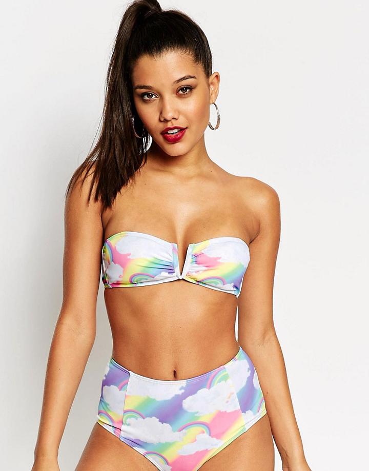 Jaded London Rainbow Cloud Print Bandeau Bikini Top - Multi