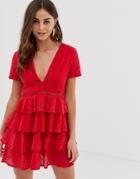 Prettylittlething Broderie Mini Dress With Tiered Skirt Detail In Red - Red