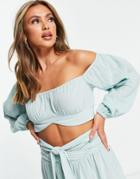 Asos Design Long Sleeve Milkmaid Beach Top In Blue - Part Of A Set-blues