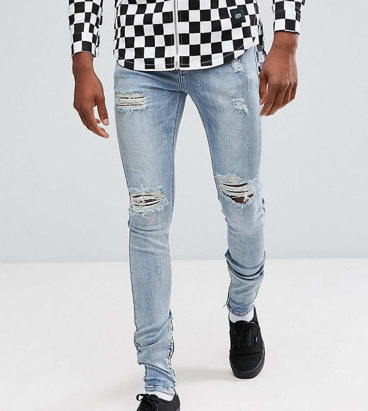 Sixth June Tall Muscle Fit Jeans In Midwash Blue With Distressing - Blue