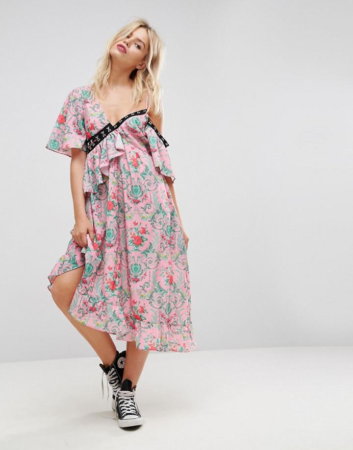 Asos Eyelet Floral Satin Maxi Dress - Multi