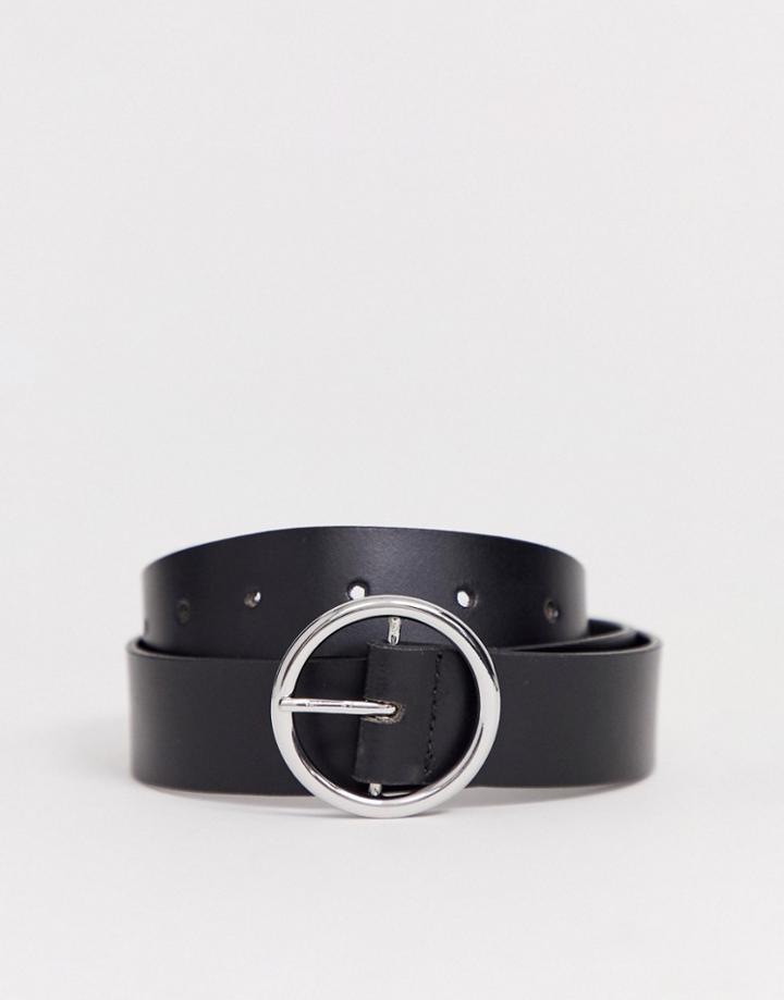 Asos Design Leather Circle Buckle Jeans Belt With Tipped End-black
