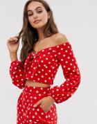 Glamorous Tie Front Bardot Top In Polka Two-piece-red