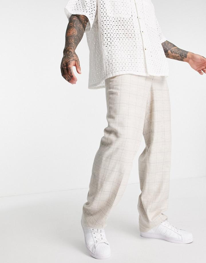 Asos Design Smart Wide Leg Pants With Beige Prince Of Wales Linen Mix Check - Part Of A Set-neutral