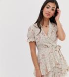 Sisters Of The Tribe Petite Wrap Front Romper In Ditsy Floral - Beige