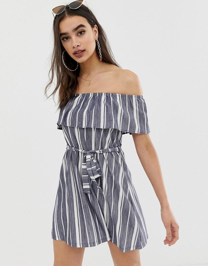 Asos Design Off Shoulder Pique Stripe Sundress With Belt - Multi