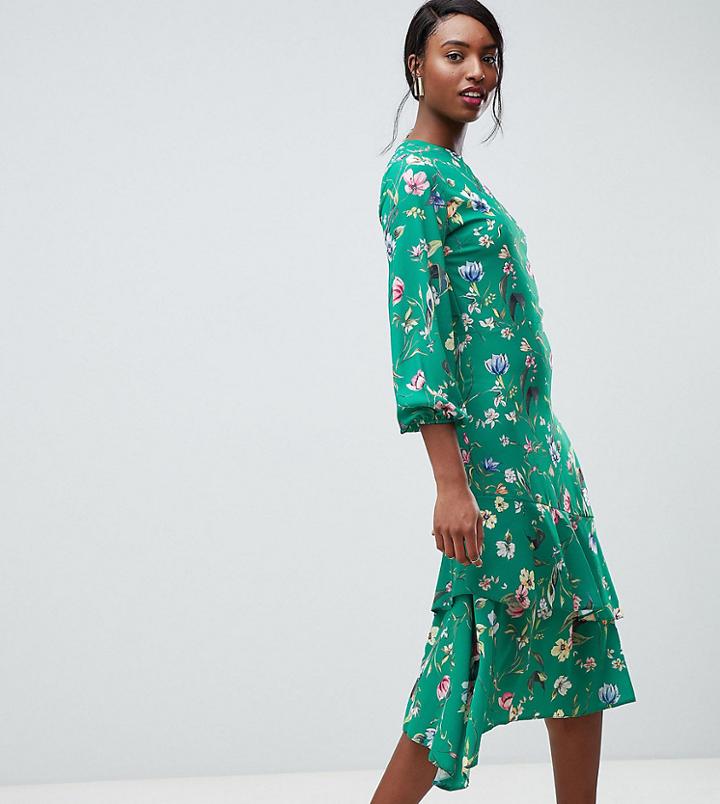 John Zack Tall Midi Tea Dress In Green Floral Print - Multi