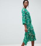 John Zack Tall Midi Tea Dress In Green Floral Print - Multi