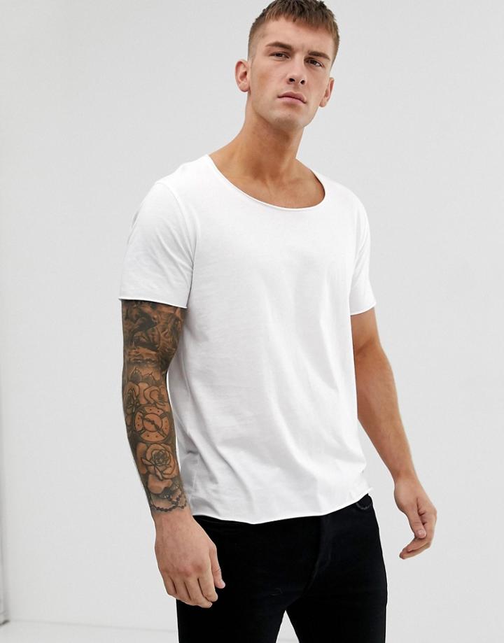 Asos Design Relaxed Raw Edge Scoop Neck T-shirt In White - White
