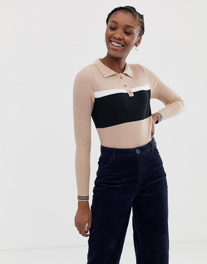 Asos Design Long Sleeve Knitted Polo Top-stone