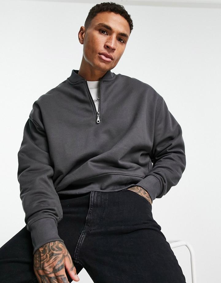 Asos Design Heavyweight Oversized Half Zip Bomber Sweatshirt In Washed Black - Part Of A Set