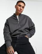 Asos Design Heavyweight Oversized Half Zip Bomber Sweatshirt In Washed Black - Part Of A Set