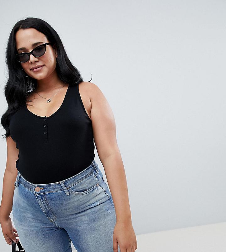 Asos Design Curve Button Tank In Rib In Black