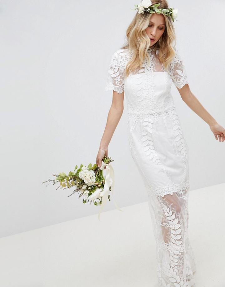 Asos Edition Corded Lace Maxi Wedding Dress With Scallop Hem - White