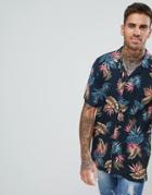 Pull & Bear Revere Collar Shirt With Floral Print In Navy - Blue