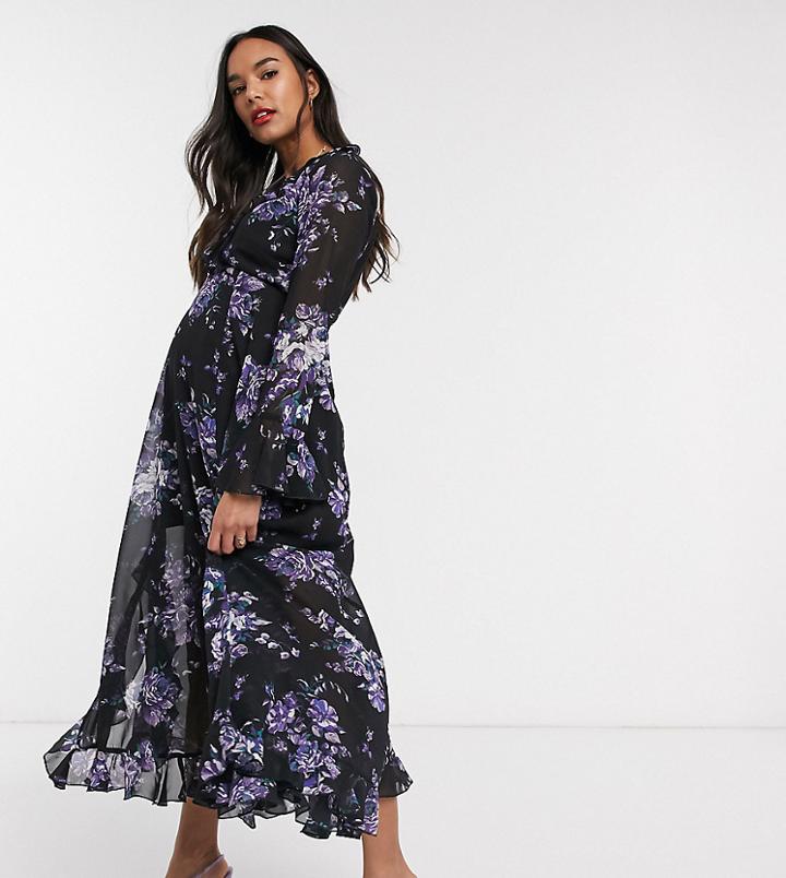 Asos Design Maternity Wrap Maxi Dress With Frills In Dark Based Floral Print-multi