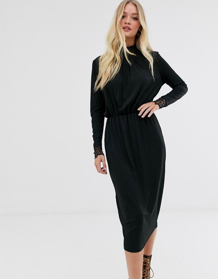 Y.a.s High Neck Plisse Dress With Lace Cuff In Black