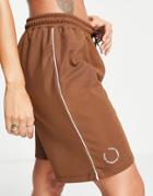 Topshop Tricot Longline Shorts With Logo Branding In Chocolate-brown