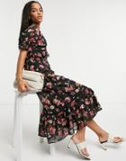 Asos Design Button-down Lace Insert Tiered Midi Dress In Dark Based Floral-multi
