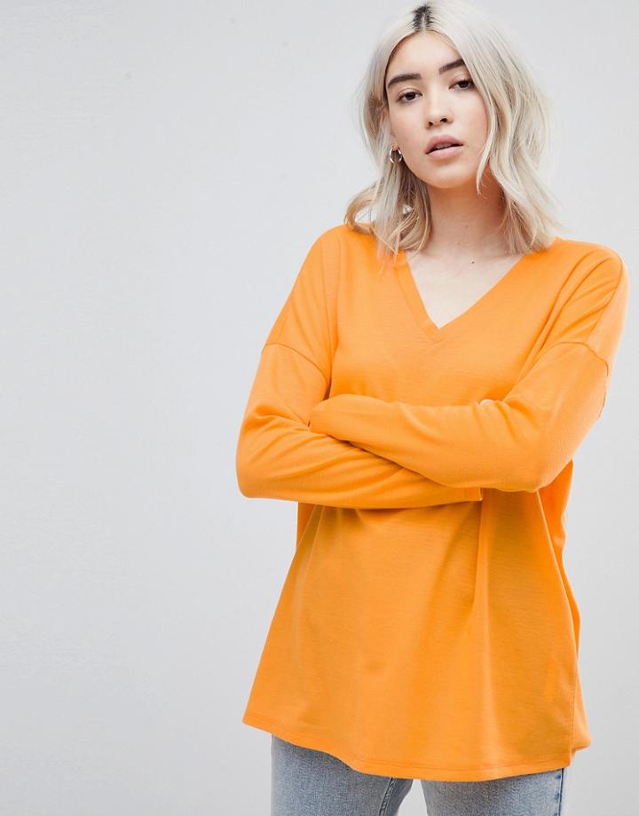 Asos Design Top With V-neck In Oversized Lightweight Rib - Orange