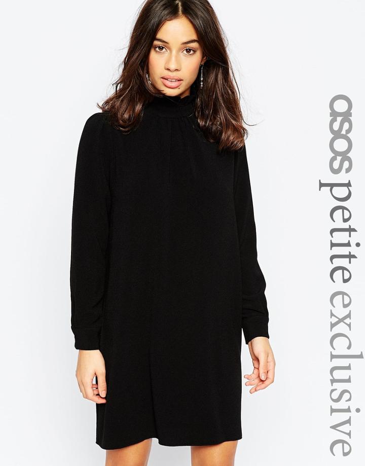 Asos Petite Shift Dress With High Frill Neck - Black