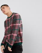 Asos Fluffy Check Sweater In Pink And Green - Multi