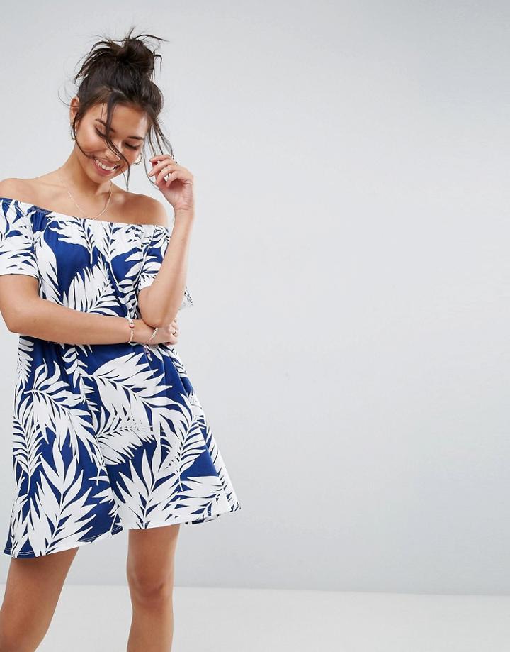 Asos Off Shoulder Sundress In Navy Palm Print - Multi